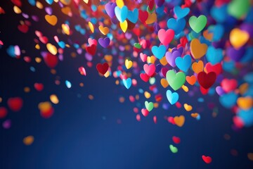 Valentines Day with rainbow color hearts confetti and copy space website banner . February 14 poster. Love, connection and relationships. Paper heart shape glitter 3d render illustration.