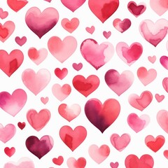 red and pink hearts watercolor illustration romantic square postcard for valentines day. February 14 card. 