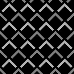 Repeated grey angle brackets on black background. Seamless pattern design. Chevrons abstract artwork. Scallop ornament. Image with scales. Modern japanese scallops motif. Squama image. Art deco vector
