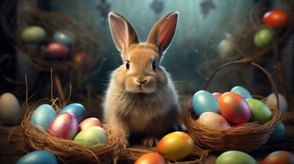 Easter bunny with colored easter eggs