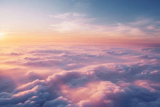 a sea of clouds at sunset sky with sun hiding in the horizon