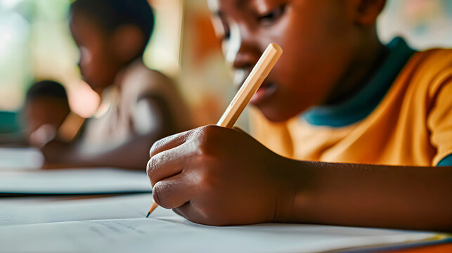 Back to school. Close-up photograph of an African boy writing with a pencil.