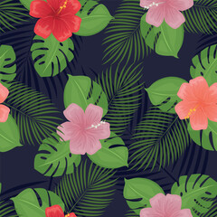 Fototapeta na wymiar Beautiful seamless Summer Vacation pattern on dark blue background. Summer plants, vector hand drawn style, Design for fashion, fabric, textile, and prints. Seamless pattern in swatches.