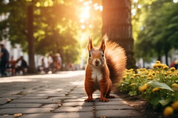 close up shot of a cute furry squirrel in the ground of a public park  - obrazy, fototapety, plakaty