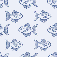 Swimming fish seamless wallpaper blue pattern with background for crafts, scrapbooking, textiles, art projects.