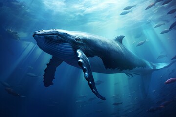 a great blue whale swimming in the ocean