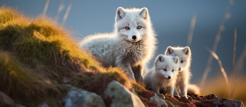 Arctic foxes in Iceland with offspring.