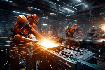 robotic welding assembly line, plasma cutting, abstract fictional robots. sparks from welding work 