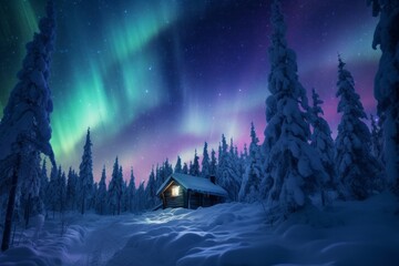 a wooden cabin in a snowy forest under the northern lights shining in the sky
