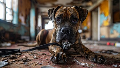 Fierce and agitated dog on leash inside a broken house, showing hunger and restlessness - obrazy, fototapety, plakaty