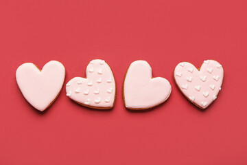Heart shaped sweet cookies on red background. Valentine's day celebration