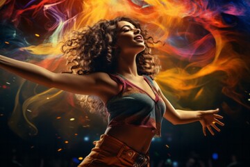 Naklejka premium a young woman dancing under the lights in the disco