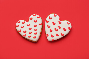Heart shaped sweet cookies on red background. Valentine's day celebration