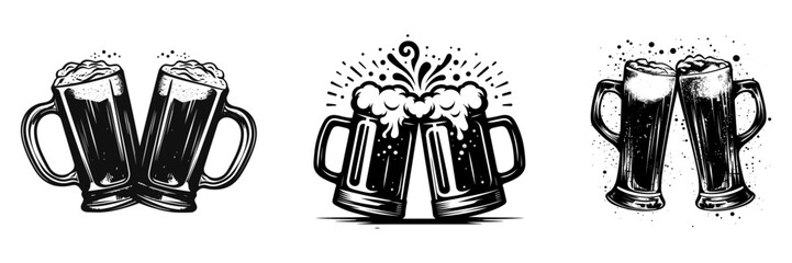 Cheers, clinking glass tankards full of beer and splashed foam, beer mugs set, vector illustration.