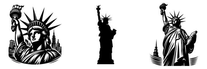 Statue of liberty set,  iconic symbol place in new york city usa, vector illustration. - obrazy, fototapety, plakaty