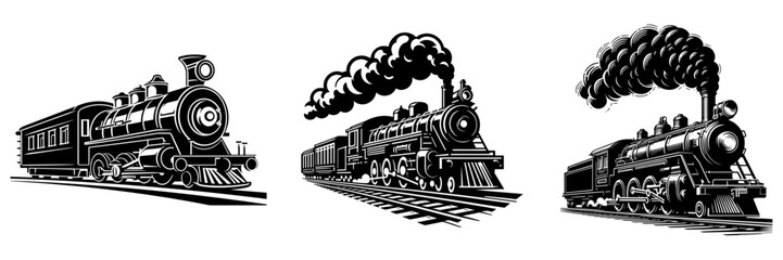 Antique steam locomotive set, vintage train, best for logo, label, emblem, sign, vector illustration.
