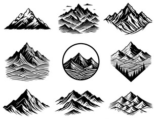 Set of mountain silhouette, hiking adventure icon, best for t-shirt design, rocky peaks, vector illustration.
