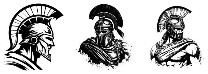 Spartan warrior set, badges with knights, gladiators, logo design for fight clubs, fitness center, gym, vector illustration. 