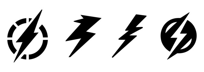 Lightning bolt icons set, black flash symbol, energy and thunder electricity symbol concept, lightning strike sign, vector illustration.