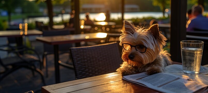 Charming canine with trendy eyewear sits gracefully on chairs and attentively peruses a newspaper