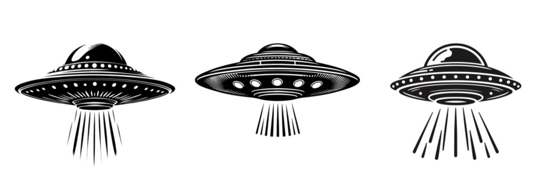 Set of Ufo black silhouette, vector illustration.
