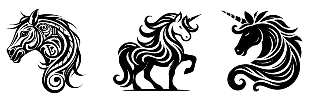 Set of cute unicorn silhouette, horses tattoo, vector illustration.