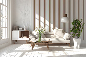 interior with white sofa, bookshelf and plant