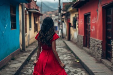 Naklejka premium a young indigenous peruvian woman wearing a red dress in the streets of cusco, peru