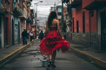 a young indigenous peruvian woman wearing a red dress in the streets of cusco, peru