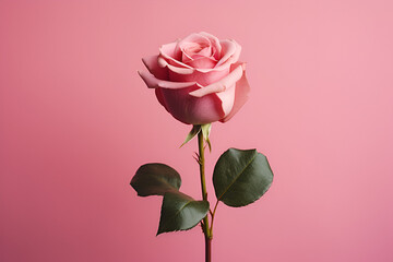 A single pink rose on pink background