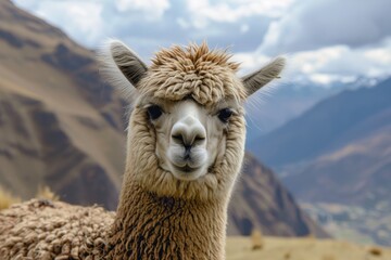 a close up shot of an alpaca looking to camera in andes mountains