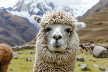 Obraz premium a close up shot of an alpaca looking to camera in andes mountains