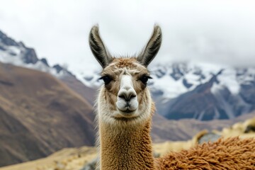 Obraz premium a close up shot of a llama looking to camera in andes mountains