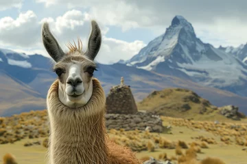 Foto op Plexiglas a close up shot of a llama looking to camera in andes mountains © urdialex