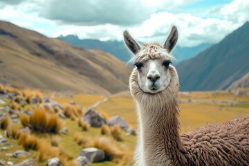Naklejka premium a close up shot of a llama looking to camera in andes mountains