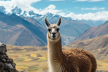 a close up shot of a llama looking to camera in andes mountains - Powered by Adobe