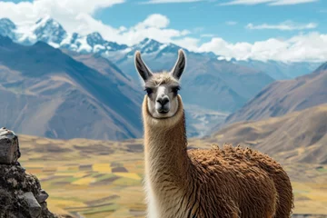Fotobehang Lama a close up shot of a llama looking to camera in andes mountains