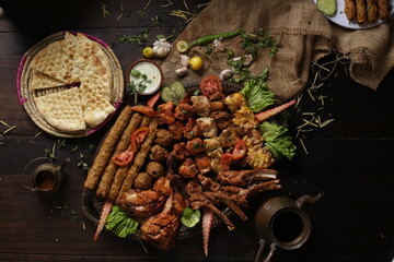 Bar B Q Plater Top view textured background restaurant style. 