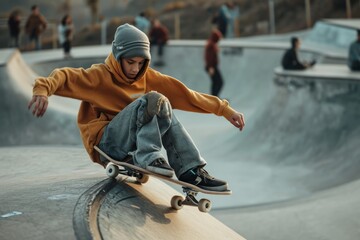 young skater skateboarding the a skatepark with energetic attitude - obrazy, fototapety, plakaty