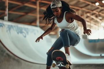 a stylish young black skater woman skating on her skateboard in a skatepark