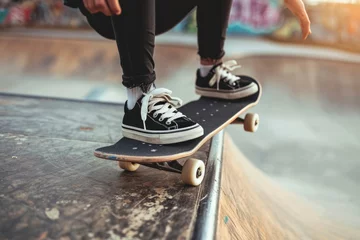  a stylish young black skater woman skating on her skateboard in a skatepark © urdialex