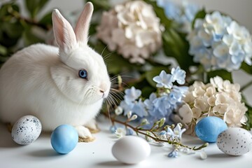 Naklejka na ściany i meble White Bunny with blue eyes surrounded by pastel colored eggs and blooming hydrangeas