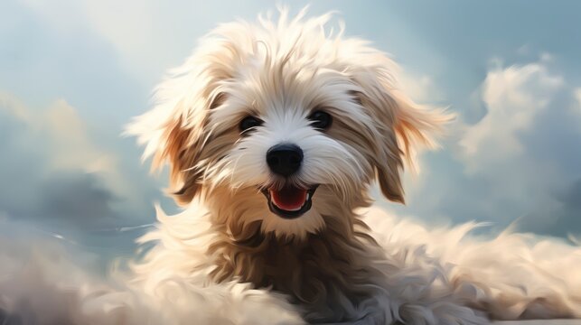 Fluffy dog happy animal, painting