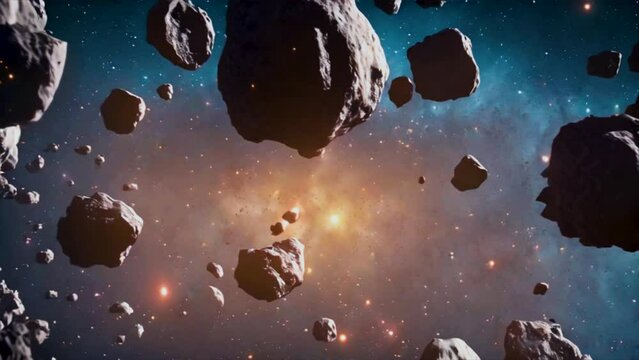 Animation of an asteroids field in deep blue space, floating stone, outer space, close-up view.