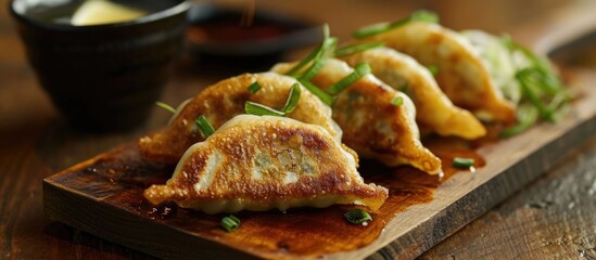 Asian street food: Pork and cabbage dumplings cooked Japanese-style, fried instead of steamed. - obrazy, fototapety, plakaty