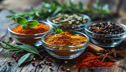Assorted spices and seasonings in small bowls, offering a wide selection of flavor enhancements.