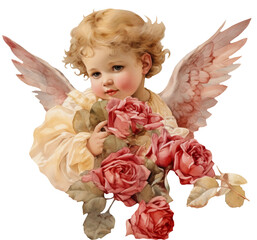 Watercolor illustration of cute Valentines Day cupid. Angel, love. Ai generated. Transparent background, png