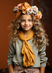 Naklejka premium beautiful smiling little girl with headband and wavy hair on color background in studio, happy child, children's fashion, portrait, kid, childhood, stylish person, cute baby, hairband, emotional face