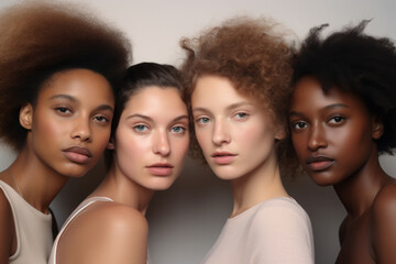 Fototapeta premium Four diverse women showcase natural beauty and confidence, representing a spectrum of multiethnic elegance and grace