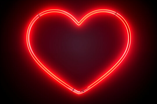Happy Valentine, Valentine's Day concept - Empty neon lights heart shape frame design element. Geometric glow outline shape or laser glowing lines. Abstract red background with place for text